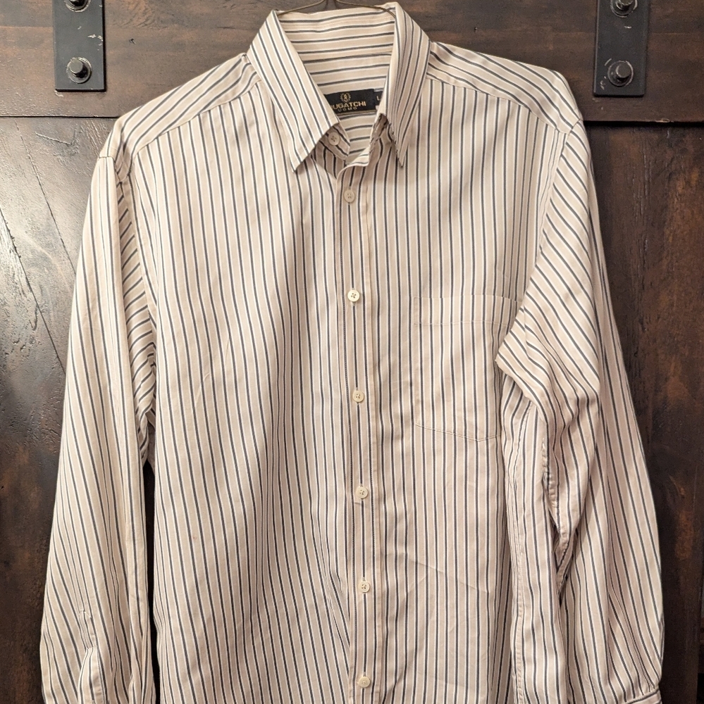 BUGATCHI Men's Cotton Button Down Shirt/L Brown, Light Pink, White Striped